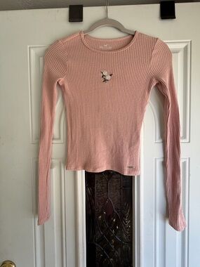 Hollister Ribbed Long-Sleeve Top in Light Pink with Embroidered Flower